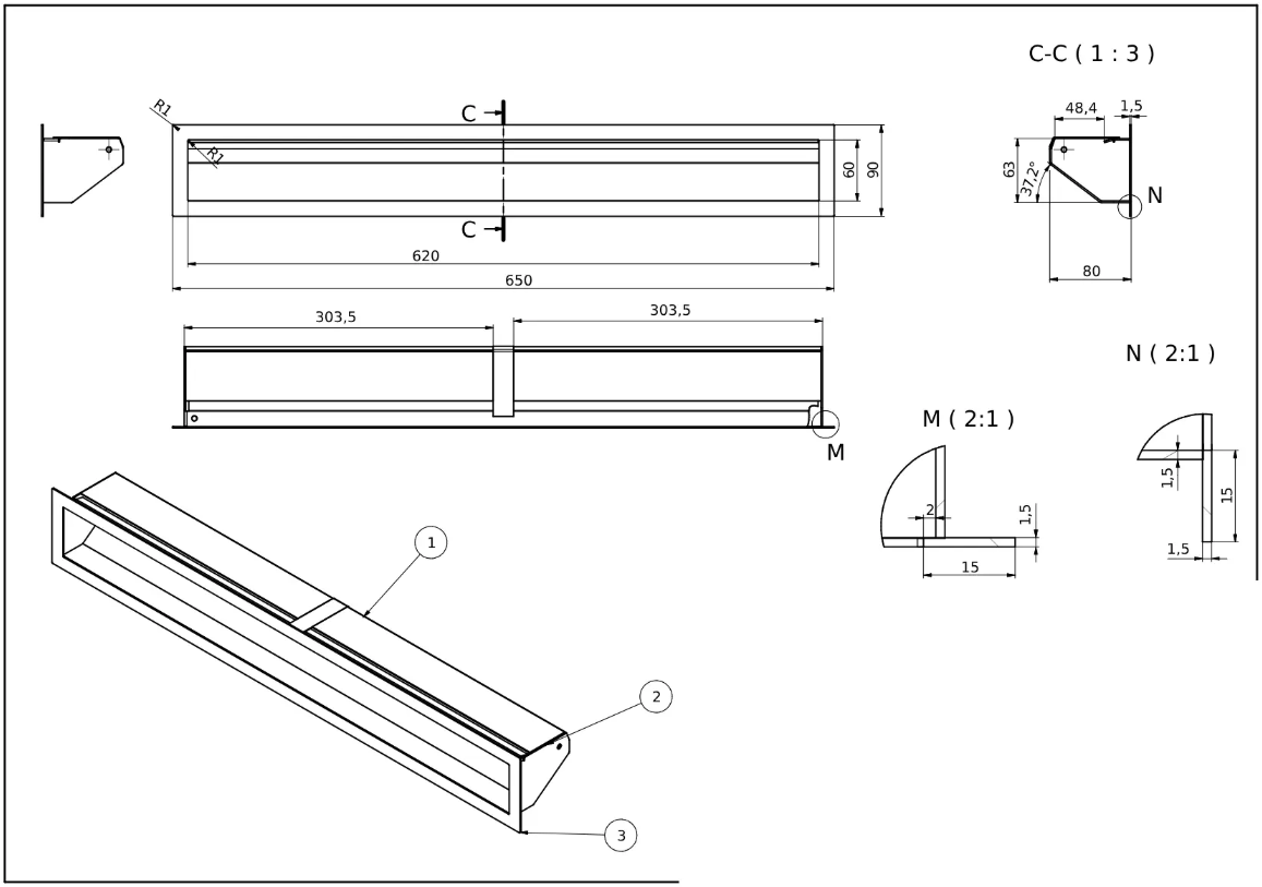 rysunek techniczny luftu kominkowego Defro Home 650x90 pole czynne 292 cm2