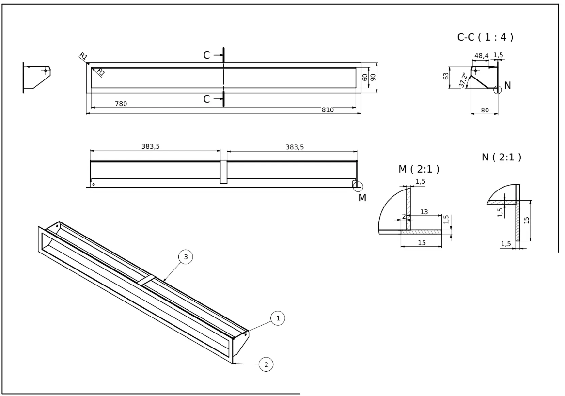 rysunek techniczny luftu kominkowego Defro Home 810x90 pole czynne 370 cm2