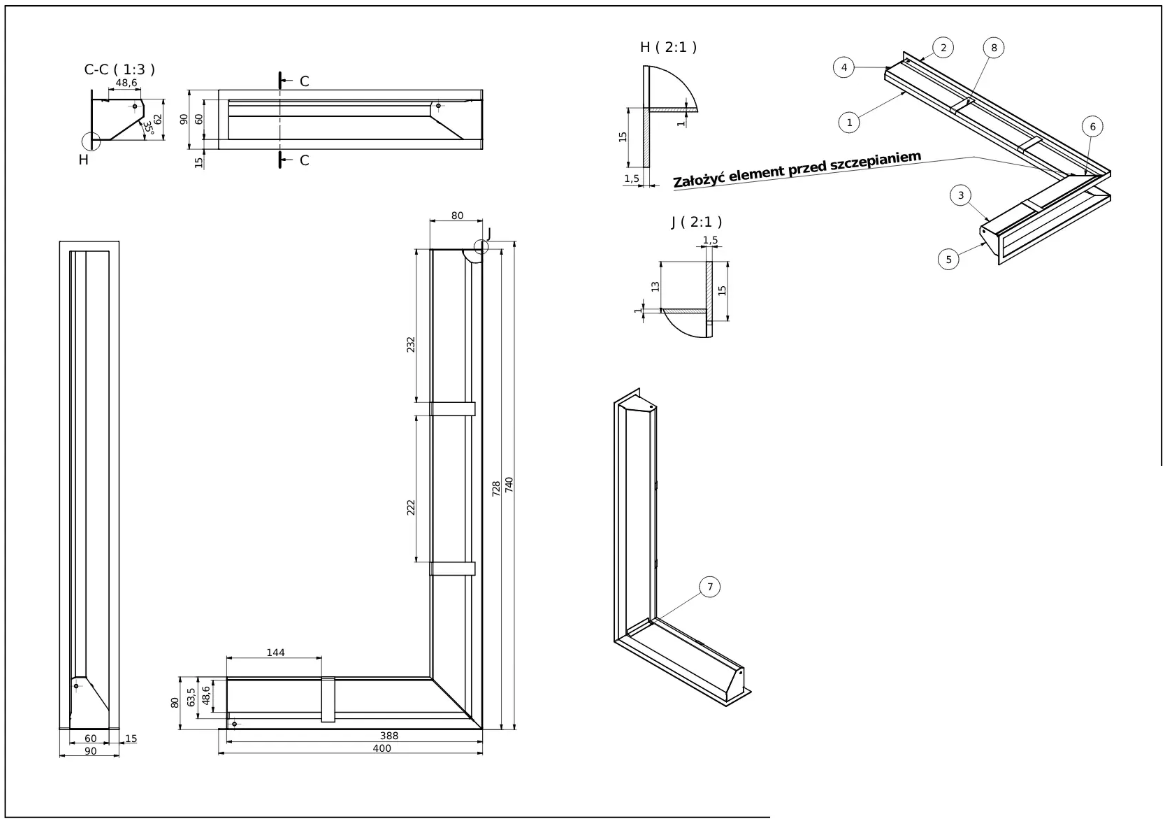 rysunek techniczny luftu kominkowego Defro Home 400x740x90 pole czynne 462 cm2
