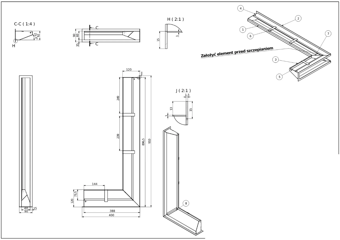 rysunek techniczny luftu kominkowego Defro Home 400x910x90 pole czynne 615 cm2