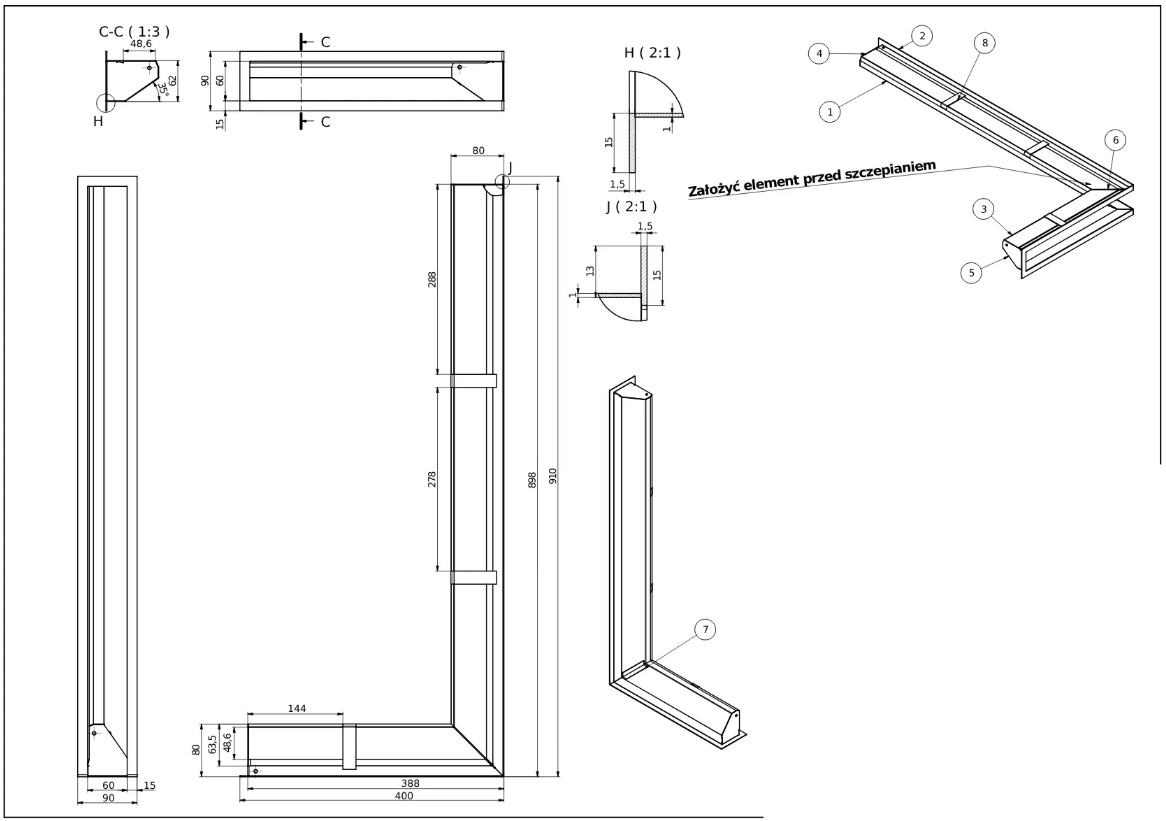 rysunek techniczny luftu kominkowego Defro Home 400x910x90 pole czynne 544 cm2