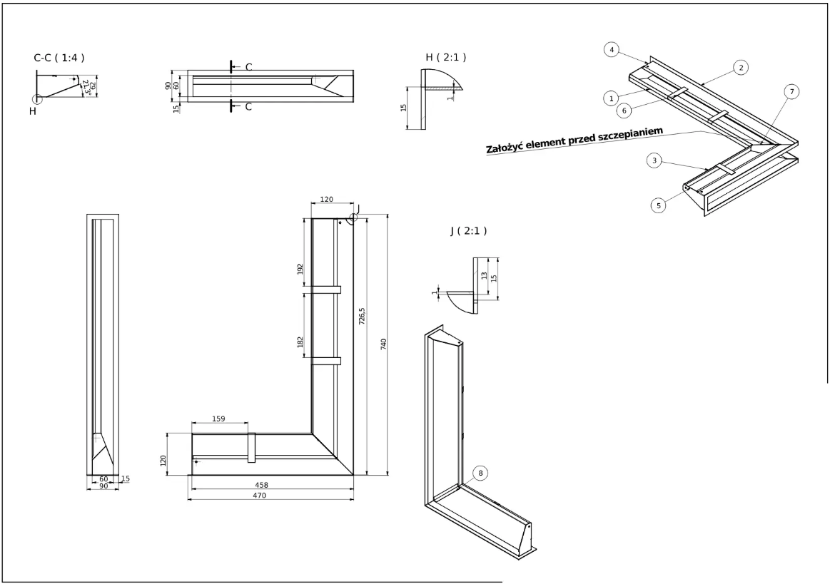 rysunek techniczny luftu kominkowego Defro Home 470x740x90 pole czynne 556 cm2