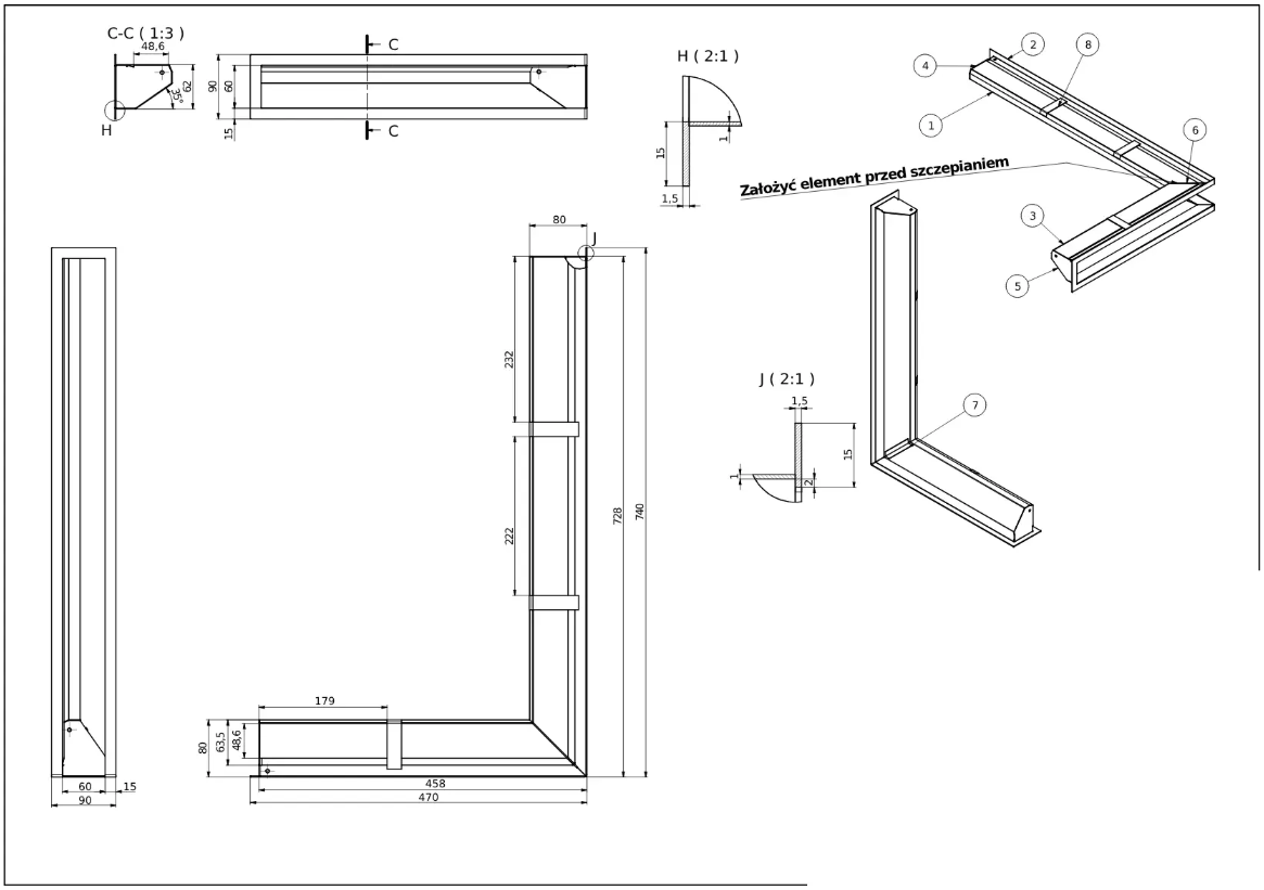 rysunek techniczny luftu kominkowego Defro Home 470x740x90 pole czynne 496 cm2