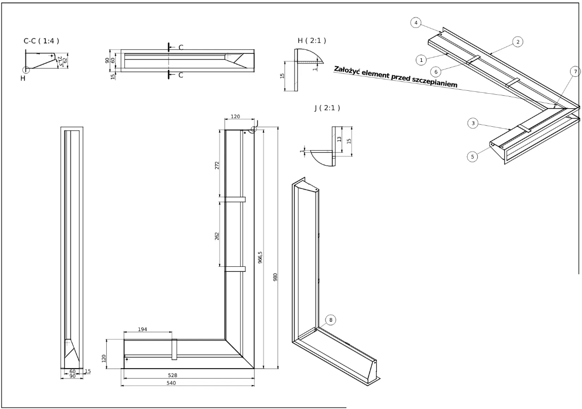 rysunek techniczny luftu kominkowego Defro Home 540x810x90 pole czynne 638 cm2
