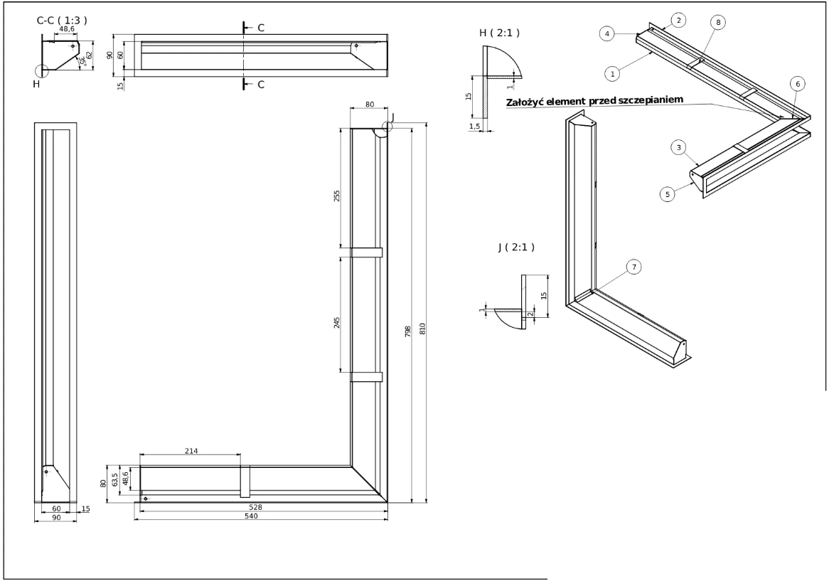 rysunek techniczny luftu kominkowego Defro Home 540x810x90 pole czynne 564 cm2
