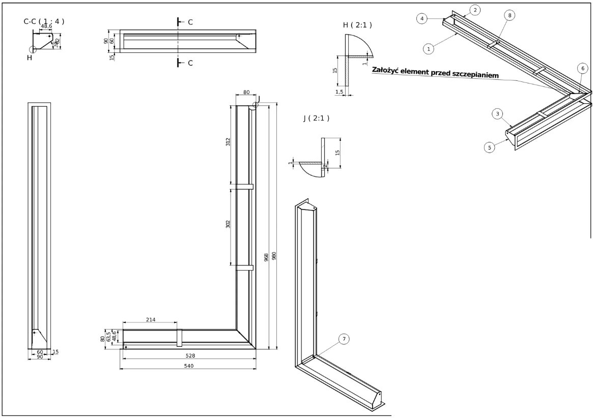 rysunek techniczny luftu kominkowego Defro Home 540x980x90 pole czynne 646 cm2