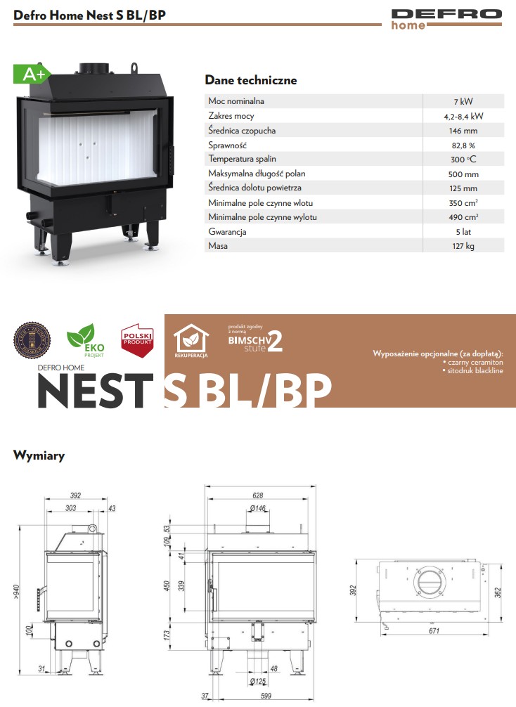 Rysunek techniczny wkładu kominkowego Defro Home Nest S BP