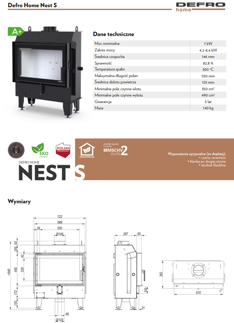 Rysunek techniczny wkładu kominkowego Defro Home Nest S