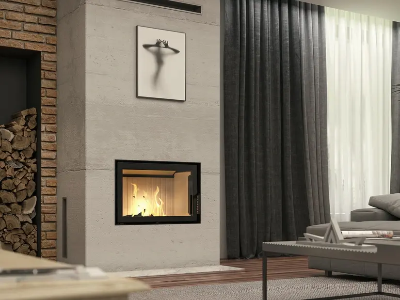 Wkład kominkowy Defro Home Nest S w nowoczesnej zabudowie w salonie